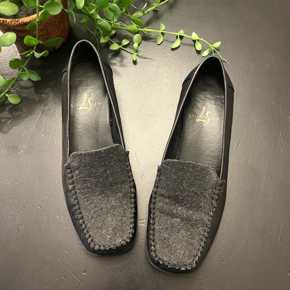 Life Stride Vintage Black Grey Leather & “wool” Style Fabric SlipOn Loafers Sz 7